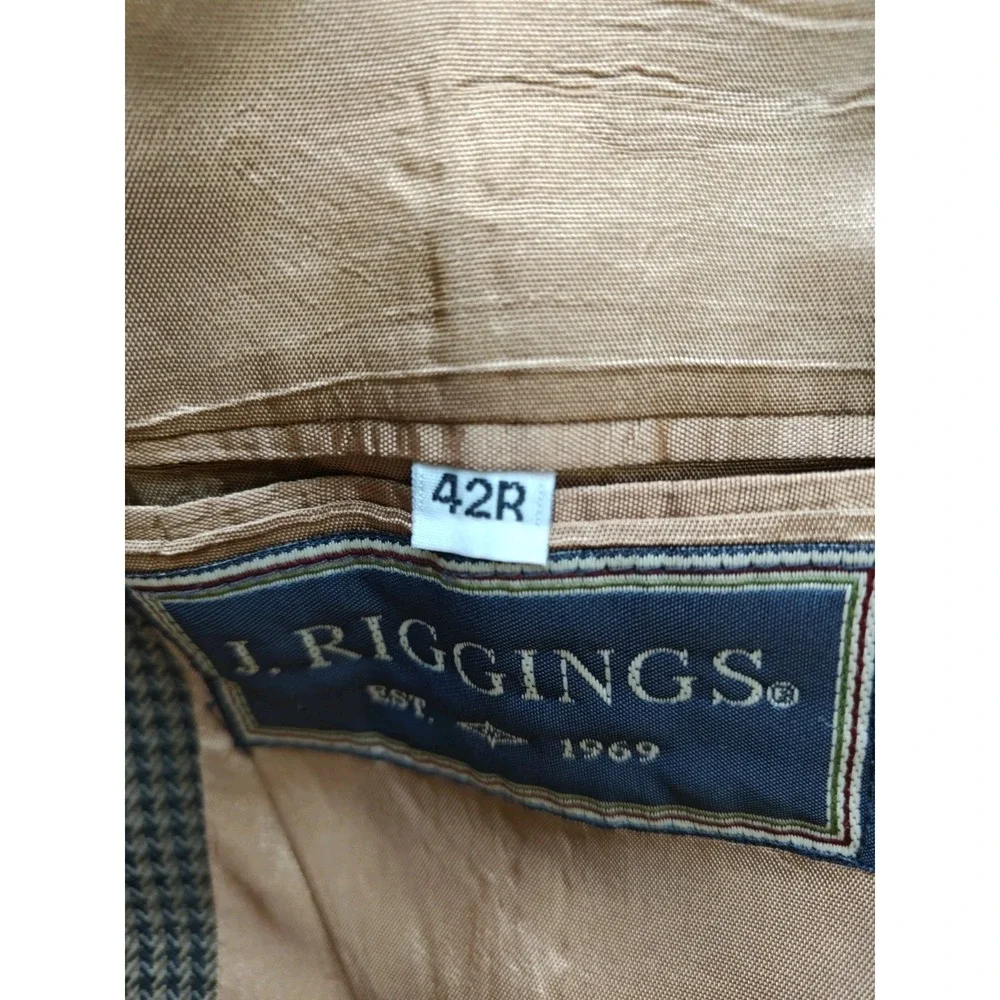J Riggins Mens Sports Coat 42R Brown Geometric Wool Blazer 3 Button USA E703